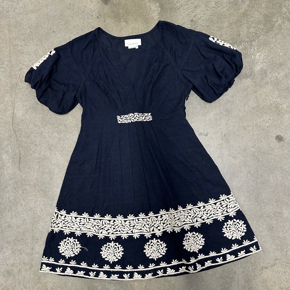 Women Navy Dress with Tan/Crème Embroidery pattern